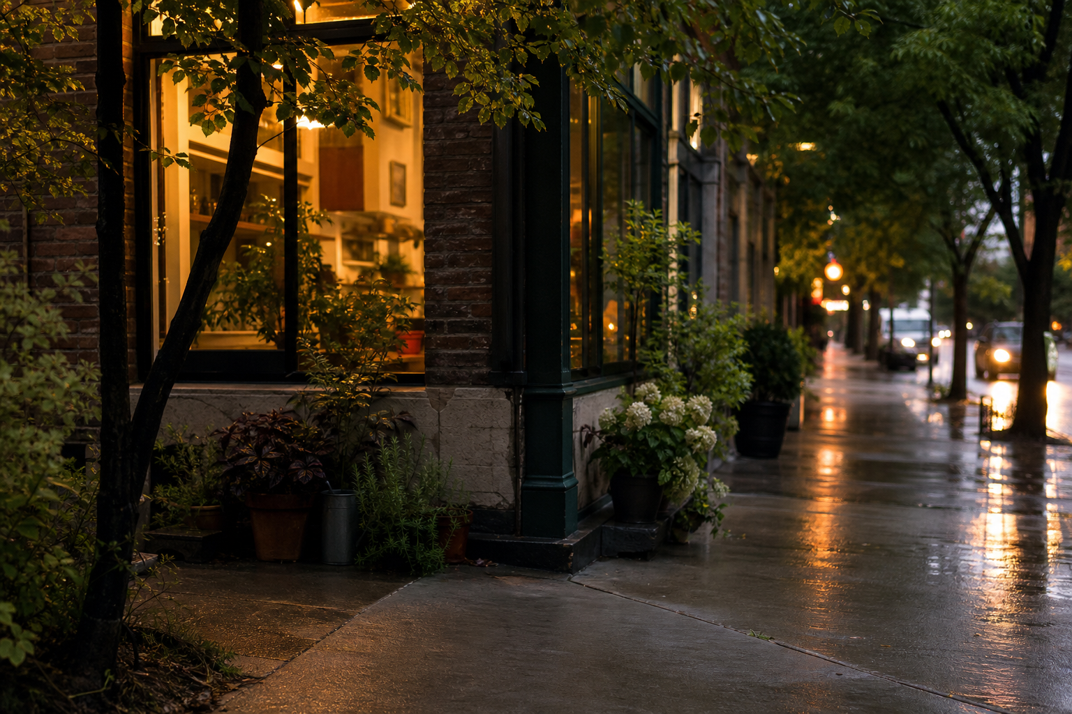 Rainy city sidewalk with warm window light