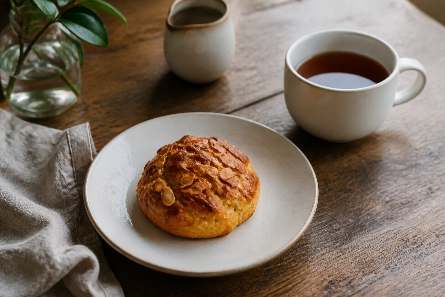 Pastry and tea on a warm wooden table