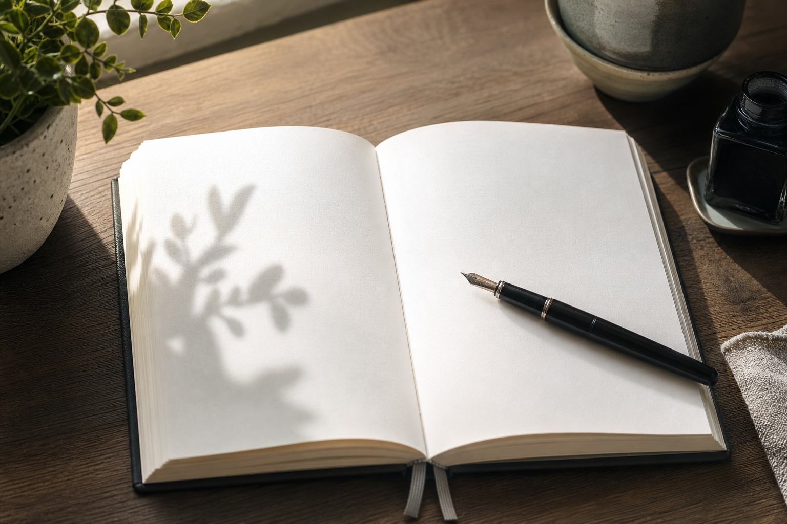 Blank journal on a sunlit writing desk