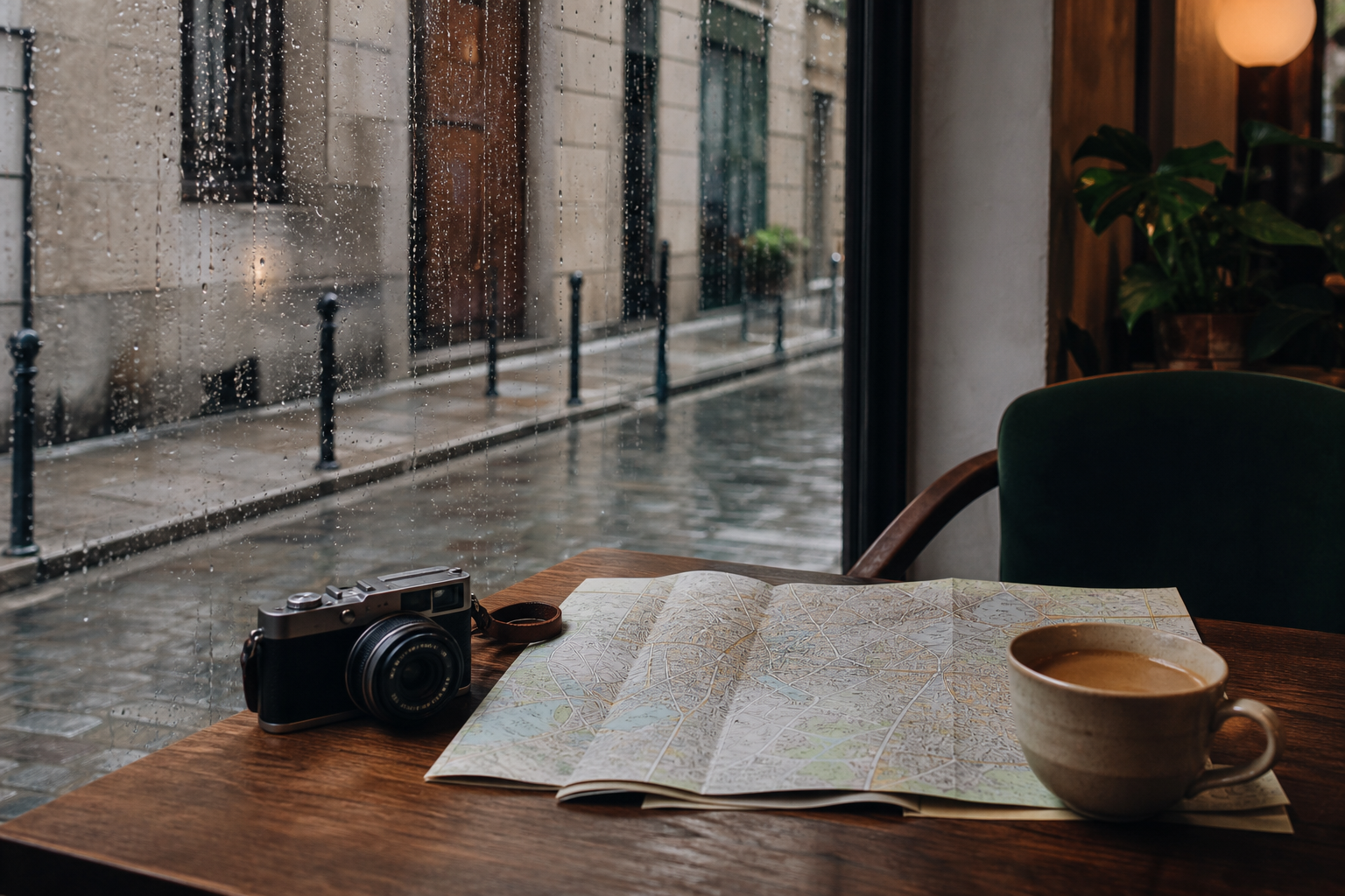 Cafe table with a map and camera beside a rainy street